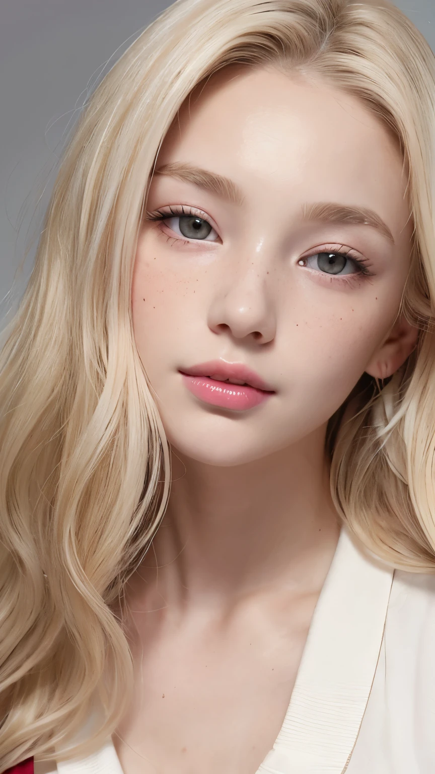 Light blonde hair, Wavy blonde hair, Wavy blonde hair, With small fringe, black eye, Upturned and beautiful nose, Thick lips, Cupid with heart shaped lips.., Pink Lips, pale, White skin, Nice and soft skin, I have freckles and moles, Beautiful eyebrows, Exceptionally beautiful collarbones, He is wearing a polo shirt, dark red, With women's underwear, slim and beautiful stomach, Bare neckline, (Large Breasts, Soft Breasts, Natural Breasts, Bare neckline), Looking at the camera, Auto Photo,The chest is visible