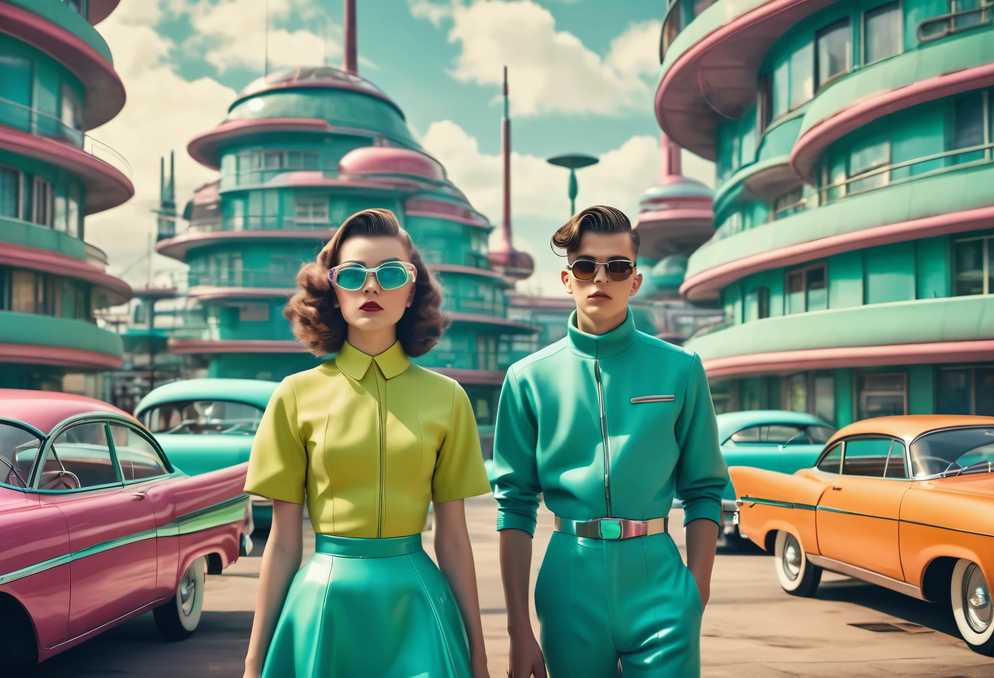 Imaginary city scenario in retrofuturisttic style, buildings and vintage cars, close up of a ager couple in retrofuturistic Coureges style outfilsts, atom-punk style, influenced by '50s and '60s science fiction movies, Technicolor palette