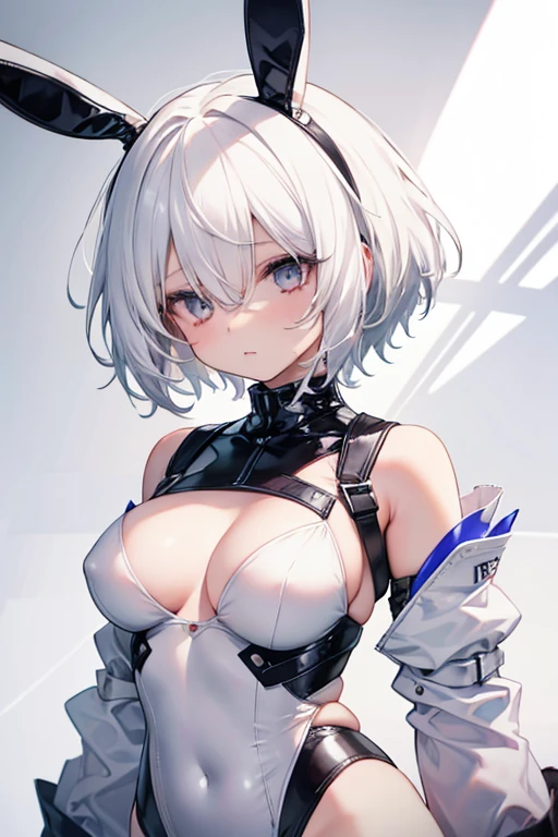 1girl, white hair, short hair, bunny suit, latex suit, no eyes, hair over eyes, medium small breasts, sexy,