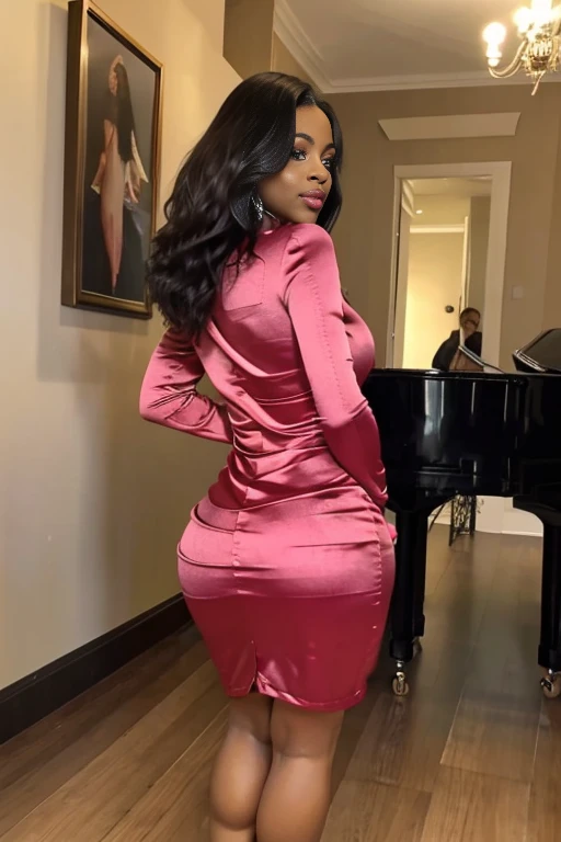 Tout le corps ,real black woman very beautiful African American with straight hair and beautiful green eyes , pink lips, teint claire ,elle sourit, elle est sexy avec de grosses fesses ,elle est debout dans un salon, Elle a 30 ans, she weighs 160 kilos and measures 1m72, she wears a beautiful mini classy tight red evening dress.