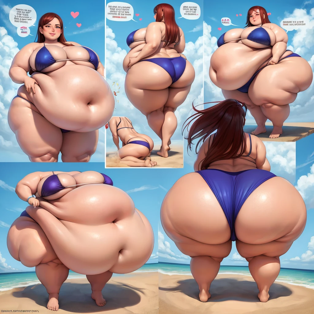 A sexy mature motherly woman and her beautiful young adult daughter in bikinis, massive bloated overstuffed very heavy belly, hyper massive fat tall wide round heavy heart shaped bubble butt, very wide fat hips, massive fat round long very heavy breasts, deep long cleavage, weight gain, deep navel, from slightly behind, looking back, smiling, blushing, sexy pose, showing off her massive heavy fat round ass,