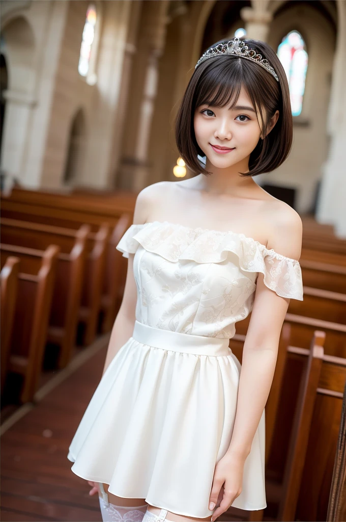 (highest quality:1.5)、(Realistic:1.5)、(1 person:1.5)、(Medium Shot:1.5)、Very detailed、High resolution、8k wallpaper、、Normal milk、Natural color lips、Cute Smile、Japanese women、20-year-old girl、Beautiful and elegant face、Perfect and beautiful face、Large, balanced eyes、Brunette's eyes、Beautiful and elegant face、Beautiful double eyelids、Natural Bangs、Beautiful thin nose、Beautiful Skin、Fair skin、(Medium Bob Hair)、Natural Bangs、Perfect and beautiful face、Slim face and figure、(Looking at the camera with a sweet smile)、Bright lighting、Professional Lighting、Forward lighting、(Micro Mini Skirtのプリンセスドレス)、tiara、(Wearing white off-the-shoulder wedding dress)、Wedding ceremony in a church with beautiful stained glass、pose for a photo、Micro Mini Skirt、(garter belt)、Knee-high stockings、