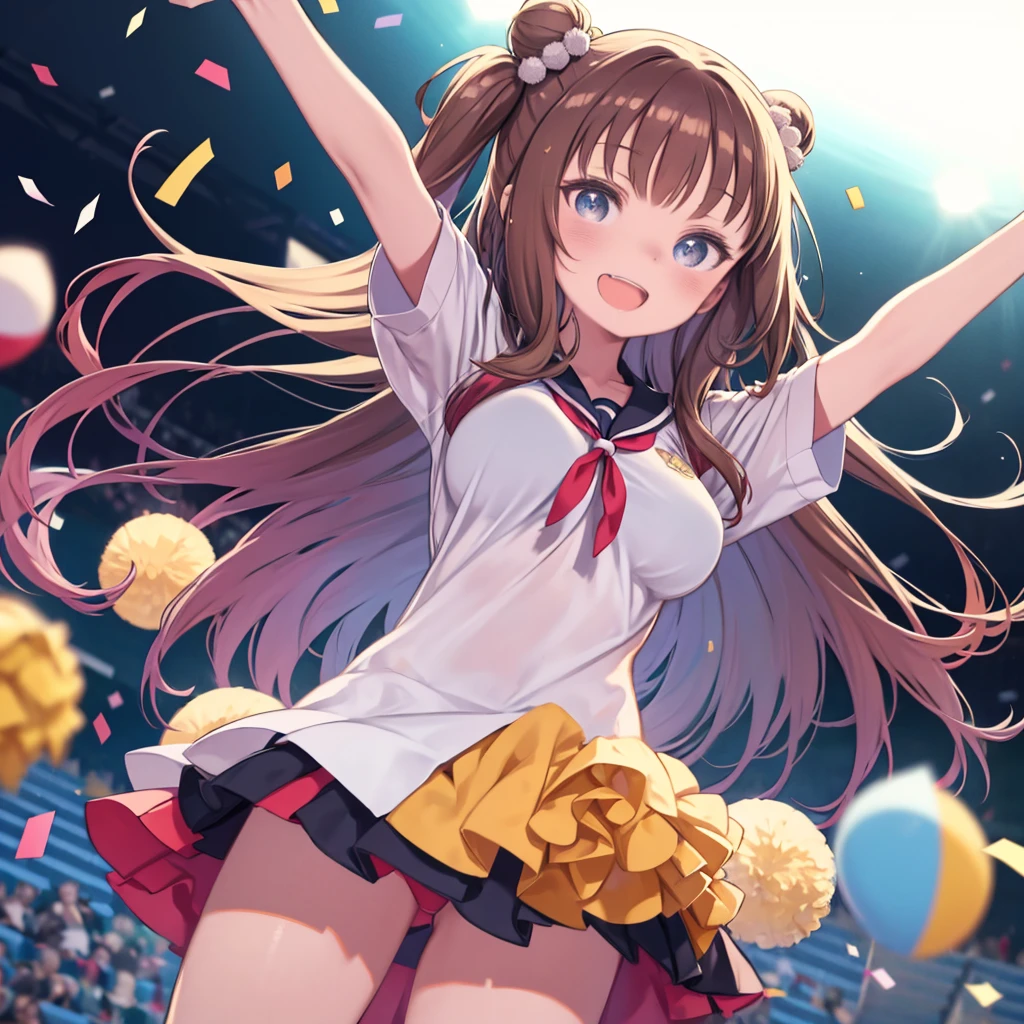 Long Hairと青い制服を着てPom-pomを持っているアニメの女の子、(masterpiece:1.5), figure, 4K, 8k, (high quality:1.1), Very detailed, Detailed face, High resolution, Vibrant colors, Natural light, Cute eyes, Fine grain, Colorful eyes, Beautiful Face, One girl, Long Hair, Messy Hair, Brown Hair, Twin Blade, Scrunchie, hair ornaments, Cheerleader, No sleeve, T-Shirts, Pom-pom, support, Stadium、Audience seats、Dancing、Jumping、 Spread your arms, ((Confetti)), smile, Open your mouth, Angle from below、Close one eye、Big Breasts、Lift your legs、Panty shot、