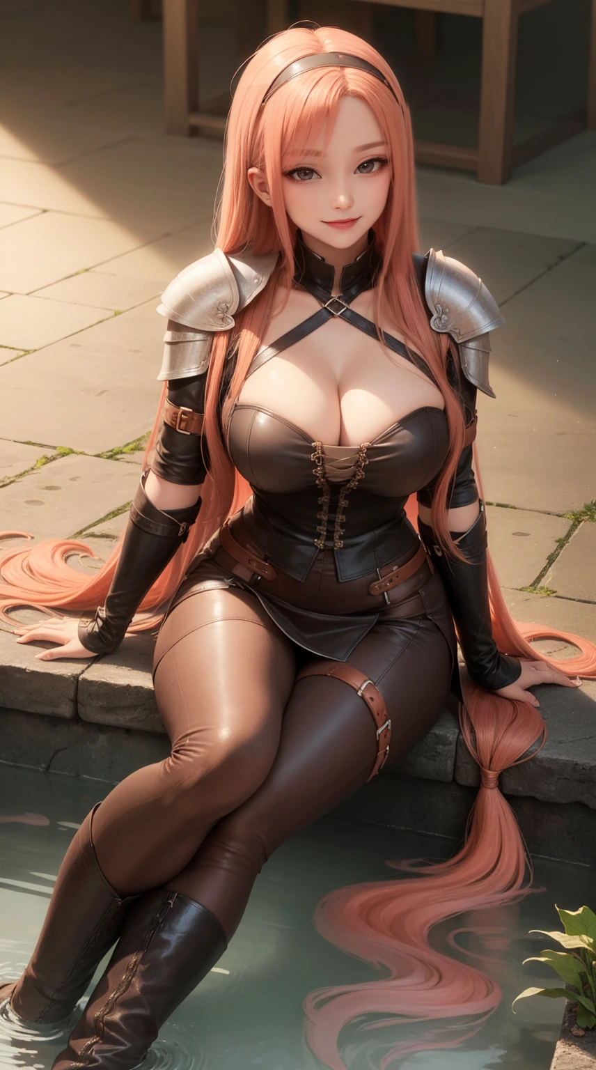 (Looking at the audience),(1 Girl,Curvy beauty,,whole body,Beautiful breasts,Medium breasts,Pale skin,Pointed breasts,), (((Big Breasts,Cleavage)))(Leather Boots,(Leather Armor),(Embroidery witch,see through)),((Practical:2,high resolution,best quality,masterpiece)),((Extra long hair:1.5),Bangs,(Ultra-light copper-red hair,highlight color),Straight Hair,Hair covering one eye,Leather headband),(water,Sunlight)