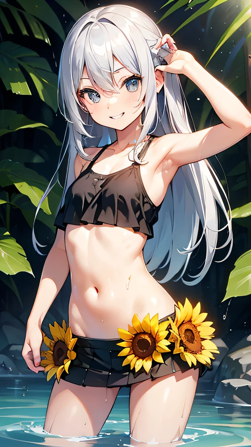 Best image quality,1People Girl,Silver Hair,Long Hair,Shiny Hair,black eye,Shining Eyes,smile,Double teeth,(Sunburn,Bikini Bag),sunflower,stream,Water Play,Wet,Tank top,mini skirt,girl,small,small breasts,Navel Fashion