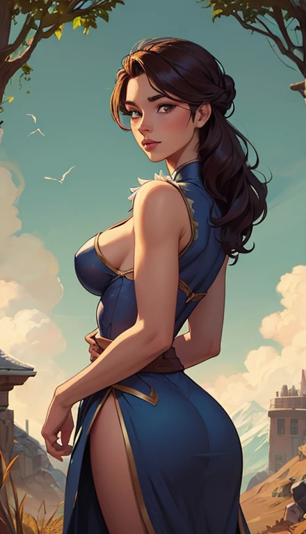 Woman style character beautiful breasts symmetrical medium breasts Fiona queen Anna of Arendelle with war marks Cartoon image of a woman .Ilustra??o estilo desenho animado, estilo de arte dos desenhos animados, estilo de arte dos desenhos animados, digital illustration style, estilo atompunk design de personagens altamente detalhado, arte digital detalhada coragem, Forest fan art, Design de personagens de retrato, beautiful digital illustration, retrato de alta qualidade, Arte em quadrinhos, mulher jovem cabelo com transas lindas . Queen Anna of ArendelleBeautiful lined eyes Medium large bust and wonderful sexy clothes. image expression of sexual desire from waist to head illustration Queen Anne of Arendelle atompunk style Fallout 4 style pose playboy magazine