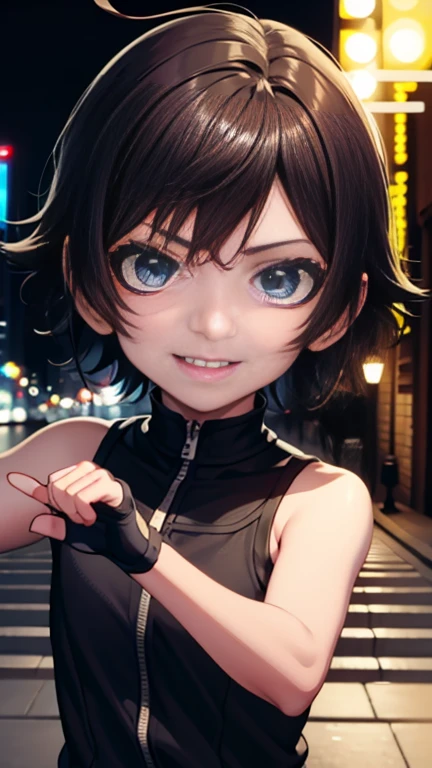 street dancer, short hair, brown hair, yellow glowing eyes, perfect lips,big smile , confident smile,cute expression, cute face,victory pose, dinamic pose, fingerless gloves, gun, tank top, jacket, cute pose, ultra detailed face, long eyelashes, sharp eyes , Fullbody shot, dinamic viewer, night sky , dinamic point of view,