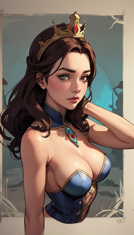 Woman style character beautiful breasts symmetrical medium breasts Fiona queen Anna of Arendelle with war marks Cartoon image of a woman .Ilustra??o estilo desenho animado, estilo de arte dos desenhos animados, estilo de arte dos desenhos animados, digital illustration style, estilo atompunk design de personagens altamente detalhado, arte digital detalhada coragem, Forest fan art, Design de personagens de retrato, beautiful digital illustration, retrato de alta qualidade, Arte em quadrinhos, mulher jovem cabelo com transas lindas . Queen Anna of ArendelleBeautiful lined eyes Medium large bust and wonderful sexy clothes. image expression of sexual desire from waist to head illustration Queen Anne of Arendelle atompunk style Fallout 4 style pose playboy magazine