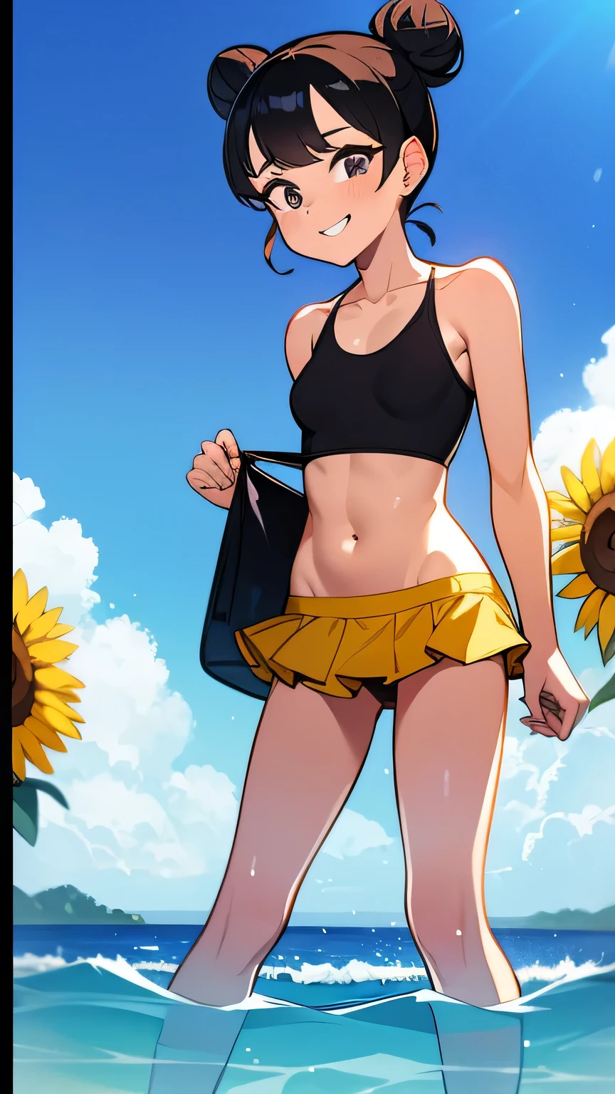 Best image quality,1People Girl,Black Hair,Bun Hair,Shiny Hair,black eye,Shining Eyes,smile,Double teeth,(Sunburn,Bikini Bag),sunflower,stream,Water Play,Wet,Tank top,mini skirt,girl,small,small breasts,Navel Fashion