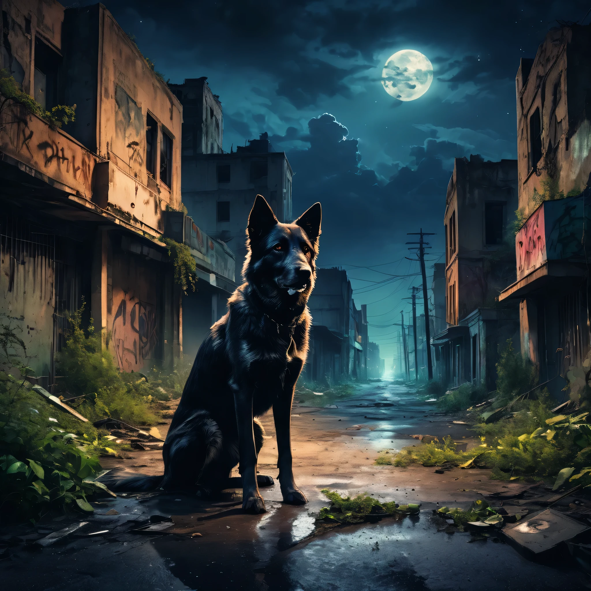 Abandoned city night view，Desolate atmosphere，Night view，Abandoned buildings，Dilapidated streets，A hungry stray dog is looking for food，faded graffiti，Ominous darkness，overgrown vegetation，Post-apocalyptic feelinelancholic color palette，dramatic contrast，intense shading，clouds under moonlight，surreal atmosphere，Dystopian background，frotting，A sky full of starest quality,4k,8k,highres,masterpiece:1.2,ultra-detailed,realistic:1.37,