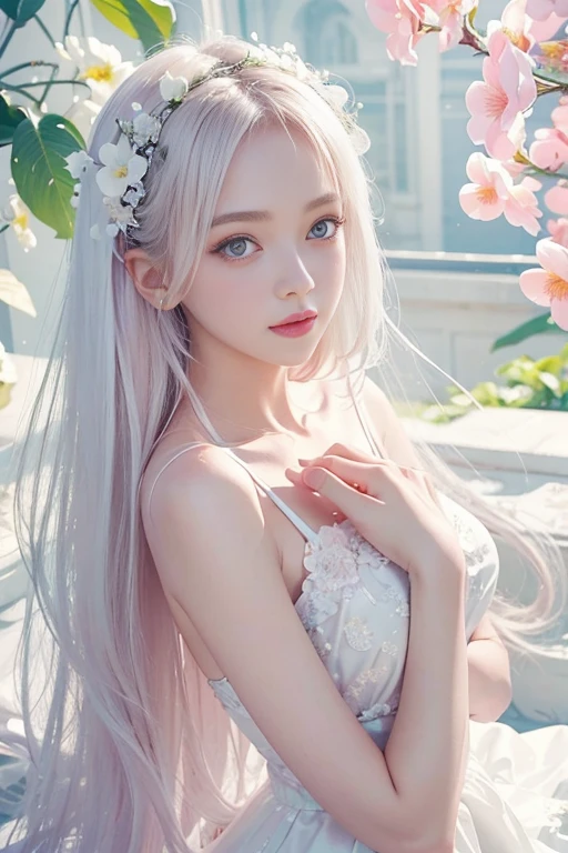 cute girl photo realistic,tmasterpiece:1.2,Best results,anime big breast,Charming and noble effect,Pink tender,There are flowers on the body