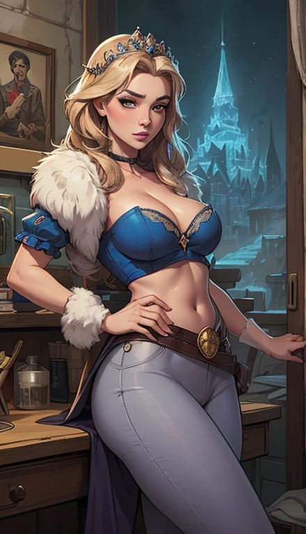 Woman style character beautiful breasts symmetrical medium breasts Fiona queen Anna of Arendelle with war marks Cartoon image of a woman .Ilustra??o estilo desenho animado, estilo de arte dos desenhos animados, estilo de arte dos desenhos animados, digital illustration style, estilo atompunk design de personagens altamente detalhado, arte digital detalhada coragem, Forest fan art, Design de personagens de retrato, beautiful digital illustration, retrato de alta qualidade, Arte em quadrinhos, mulher jovem cabelo com transas lindas . Queen Anna of ArendelleBeautiful lined eyes Medium large bust and wonderful sexy clothes. image expression of sexual desire from waist to head illustration Queen Anne of Arendelle atompunk style Fallout 4 style pose playboy magazine