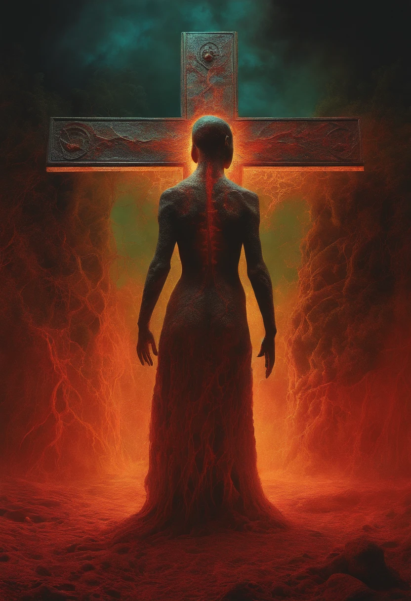 zdzislaw beksinski, (Infrared:1.2), ultra detailed, intricate, oil on canvas, ((realistic, ultra sharp)), beksinski style painting, satanic cross, full body in frame, centered body, realistic, dynamic pose, perfect face, perfect eyes, sharp focus, rainbow bloody veins growing and intertwining out of the darkness, oozing thick neon rainbow blood, veins growing and pumping blood, nailed wire, Hypercube, sparks, lensflare, shattered universe