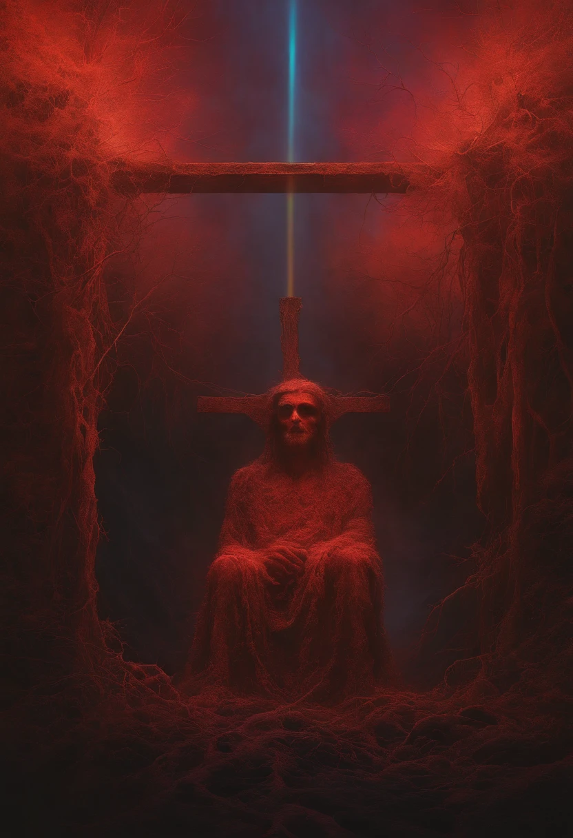 zdzislaw beksinski, (Infrared:1.2), ultra detailed, intricate, oil on canvas, ((realistic, ultra sharp)), beksinski style painting, satanic cross, full body in frame, centered body, realistic, dynamic pose, perfect face, perfect eyes, sharp focus, rainbow bloody veins growing and intertwining out of the darkness, oozing thick neon rainbow blood, veins growing and pumping blood, nailed wire, Hypercube, sparks, lensflare, shattered universe