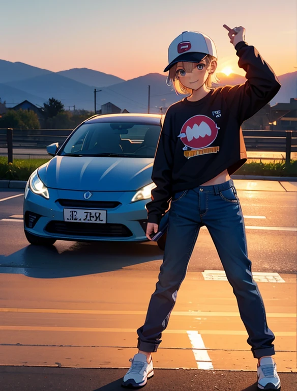 A happy ，Dressed in casual attire，Ride a small electric car，With a baseball cap，The background is the village，Sunset and sunset，Face the camera，Full body photo，Ultra-high definition