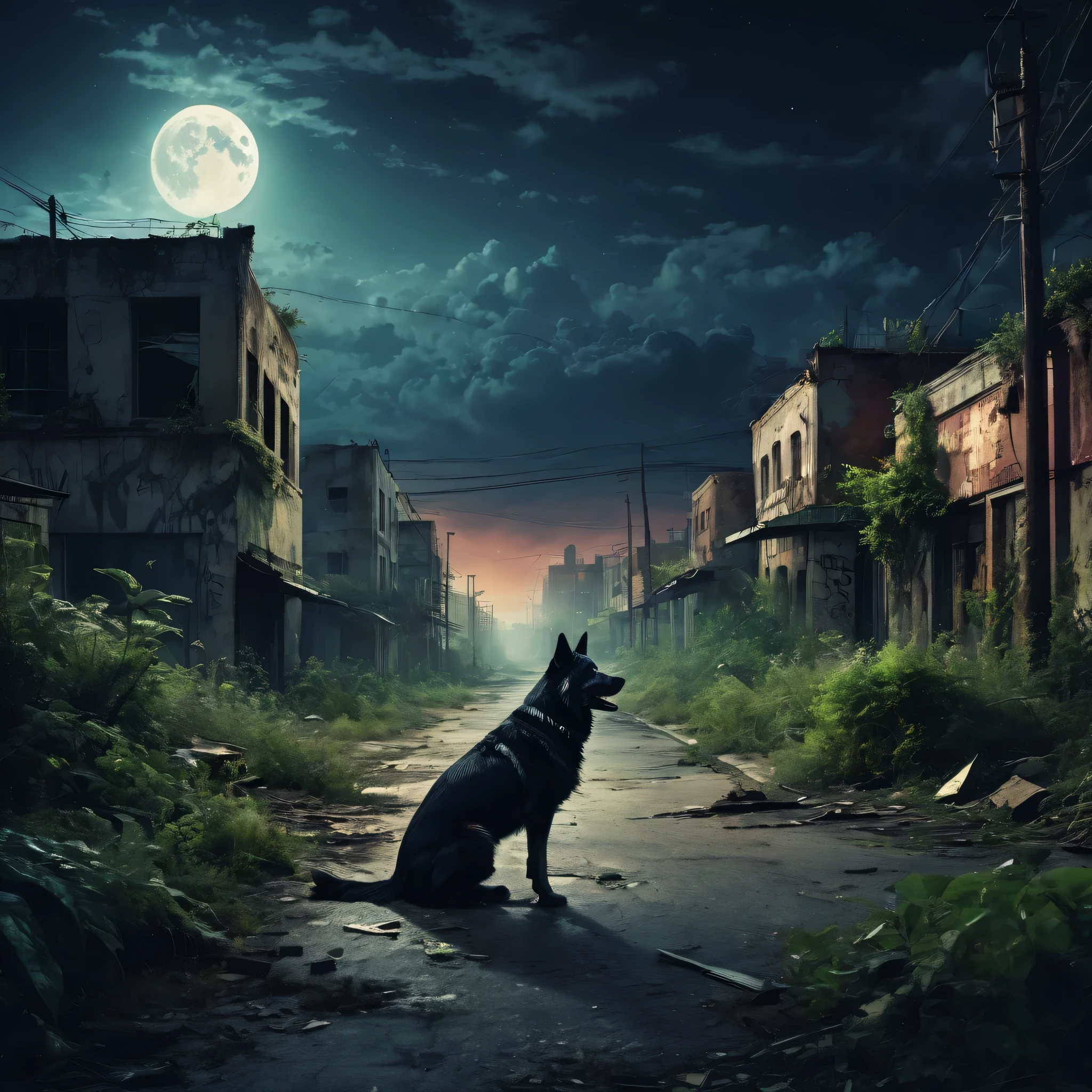 Abandoned city night view,Desolate atmosphere,Night view,Abandoned buildings,Dilapidated streets,A hungry stray dog is looking for food,faded graffiti,Ominous darkness,overgrown vegetation,Post-apocalyptic feelinelancholic color palette,dramatic contrast,intense shading,clouds under moonlight,surreal atmosphere,Dystopian background,frotting,A sky full of starest quality,4k,8k,highres,masterpiece:1.2,ultra-detailed,realistic:1.37,