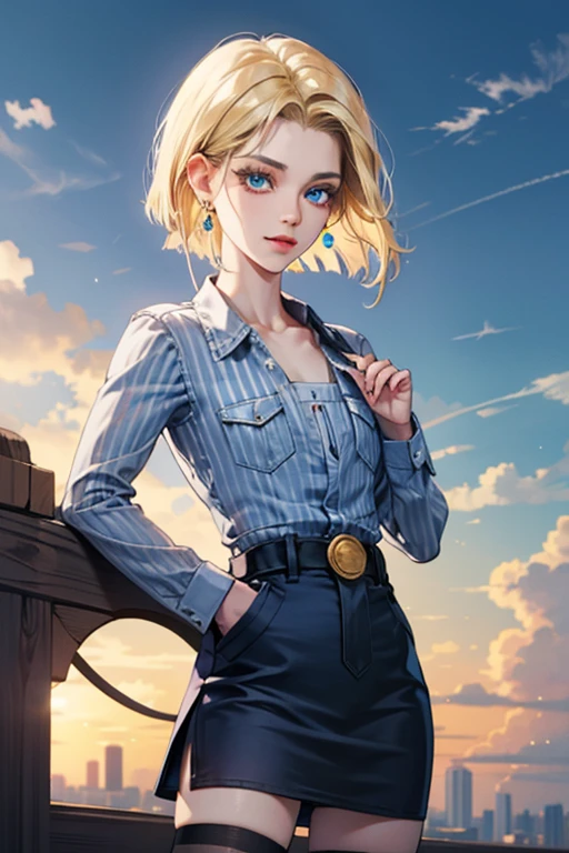 android 18, android 18, blonde hair, blue eyes, eyelash, hoop earrings, short hair, earrings, break belt, black legwear, black shirt, breast pocket, cleavage, clavicle, denim, denim skirt, high-waist skirt, jewelry, long sleeve, pocket, shirt, shirt tucked in, skirt, striped, striped sleeves, waistcoat,, break outdoors, city, null, cloud, sun, break looking at viewer, (cowboy shot:1.5), break (masterpiece:1.2), highest quality, High resolution, unity 8k wallpaper, (shape:0.8), (beautiful and detailed eyes:1.6), highly detailed face, perfect lighting, Very detailed CG, (perfect hands, perfect anatomy)