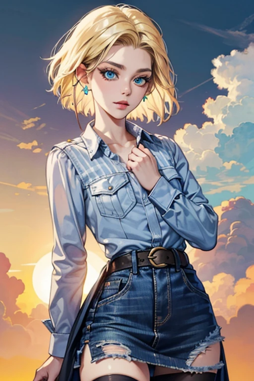 android 18, android 18, blonde hair, blue eyes, eyelash, hoop earrings, short hair, earrings, break belt, black legwear, black shirt, breast pocket, cleavage, clavicle, denim, denim skirt, high-waist skirt, jewelry, long sleeve, pocket, shirt, shirt tucked in, skirt, striped, striped sleeves, waistcoat,, break outdoors, city, null, cloud, sun, break looking at viewer, (cowboy shot:1.5), break (masterpiece:1.2), highest quality, High resolution, unity 8k wallpaper, (shape:0.8), (beautiful and detailed eyes:1.6), highly detailed face, perfect lighting, Very detailed CG, (perfect hands, perfect anatomy)