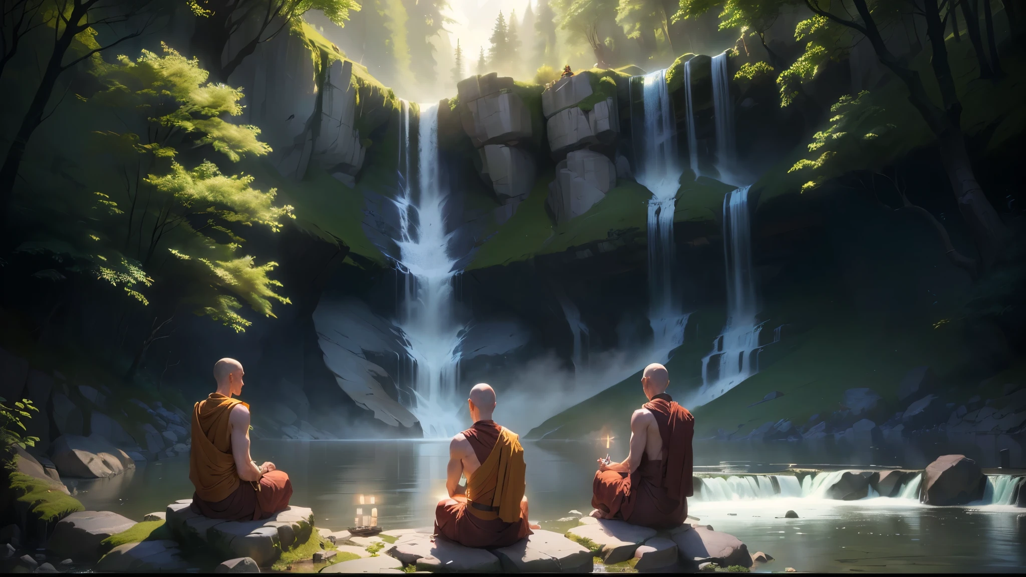 Three monks sitting on a rock in front of a waterfall, Relaxing concept art, james gurney and andreas rocha, Gentle illustration, Andreas Rocha Style, Emotional concept art, Beautiful concept art, Ross Tran and Michael Whelan, 4k resolution concept art, 4K Concept Art, 4K Concept Art, Digital Painting Concept Art, Inspired by Andreas Rocha