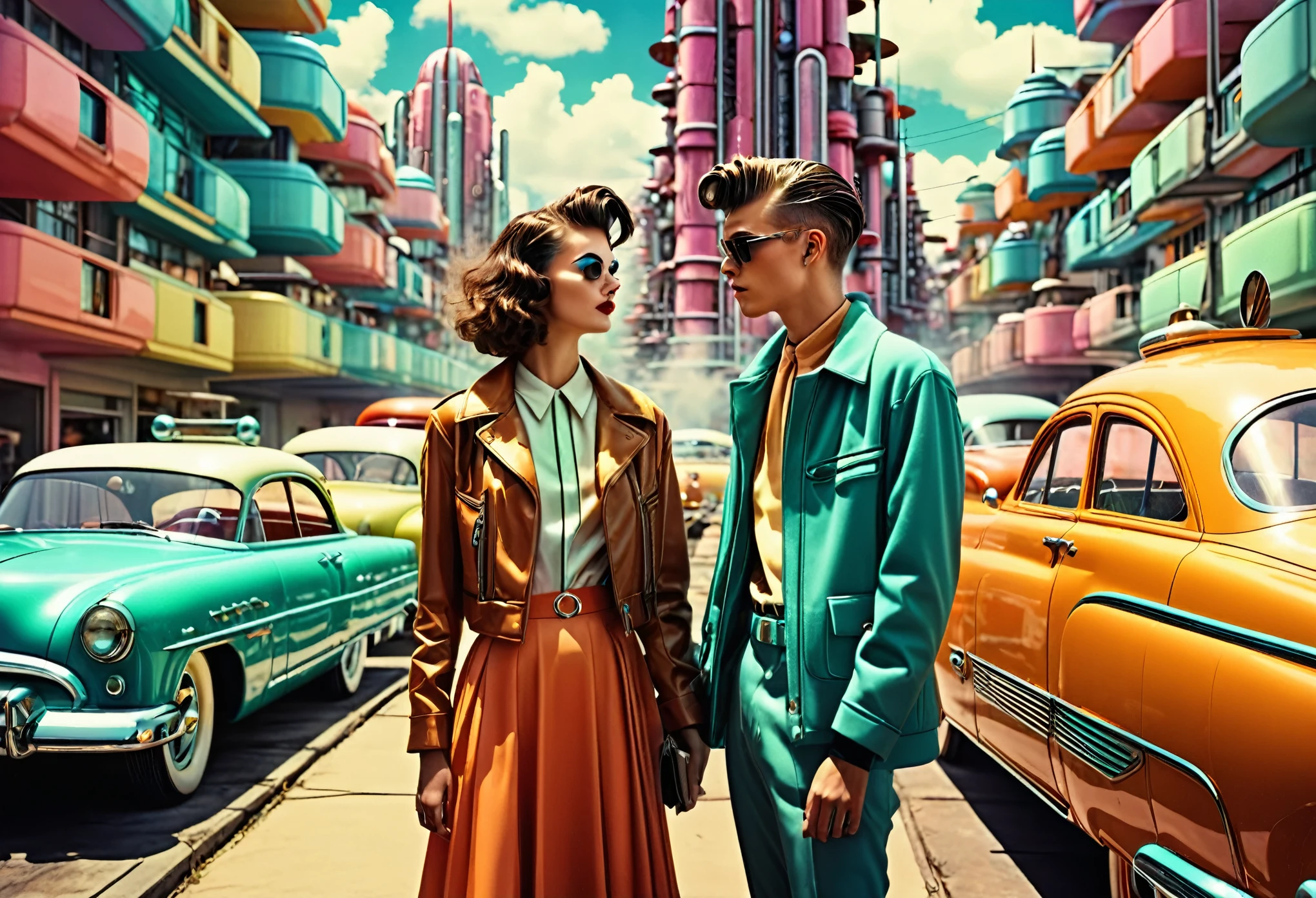 Imaginary city scenario in retrofuturisttic style, buildings and vintage cars, close up of a teenager couple in retrofuturistic Coureges style outfilsts, atom-punk style, influenced by '50s and '60s science fiction movies, Technicolor palette