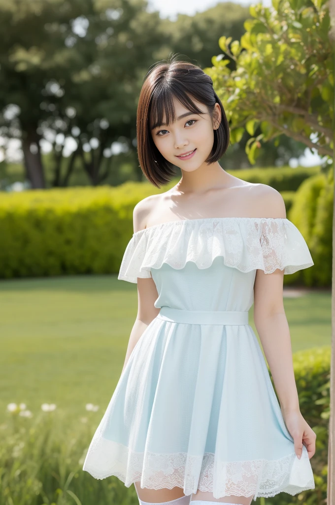 (highest quality:1.5)、(Realistic:1.5)、(1 person:1.5)、(Medium Shot:1.5)、Very detailed、High resolution、8k wallpaper、、Normal milk、Natural color lips、Cute Smile、Japanese women、20-year-old girl、Beautiful and elegant face、Perfect and beautiful face、Large, balanced eyes、Brunette's eyes、Beautiful and elegant face、Beautiful double eyelids、Natural Bangs、Beautiful thin nose、Beautiful Skin、Fair skin、(Medium Bob Hair)、Natural Bangs、Perfect and beautiful face、Slim face and figure、(Looking at the camera with a sweet smile)、Bright lighting、Professional Lighting、Forward lighting、(Micro Mini Skirtの花柄のドレス)、(Wearing a white off-the-shoulder floral dress)、Summer blue sky、Mountain Grass Park、Simple poseicro Mini Skirt、(garter belt)、Knee-high stockings、