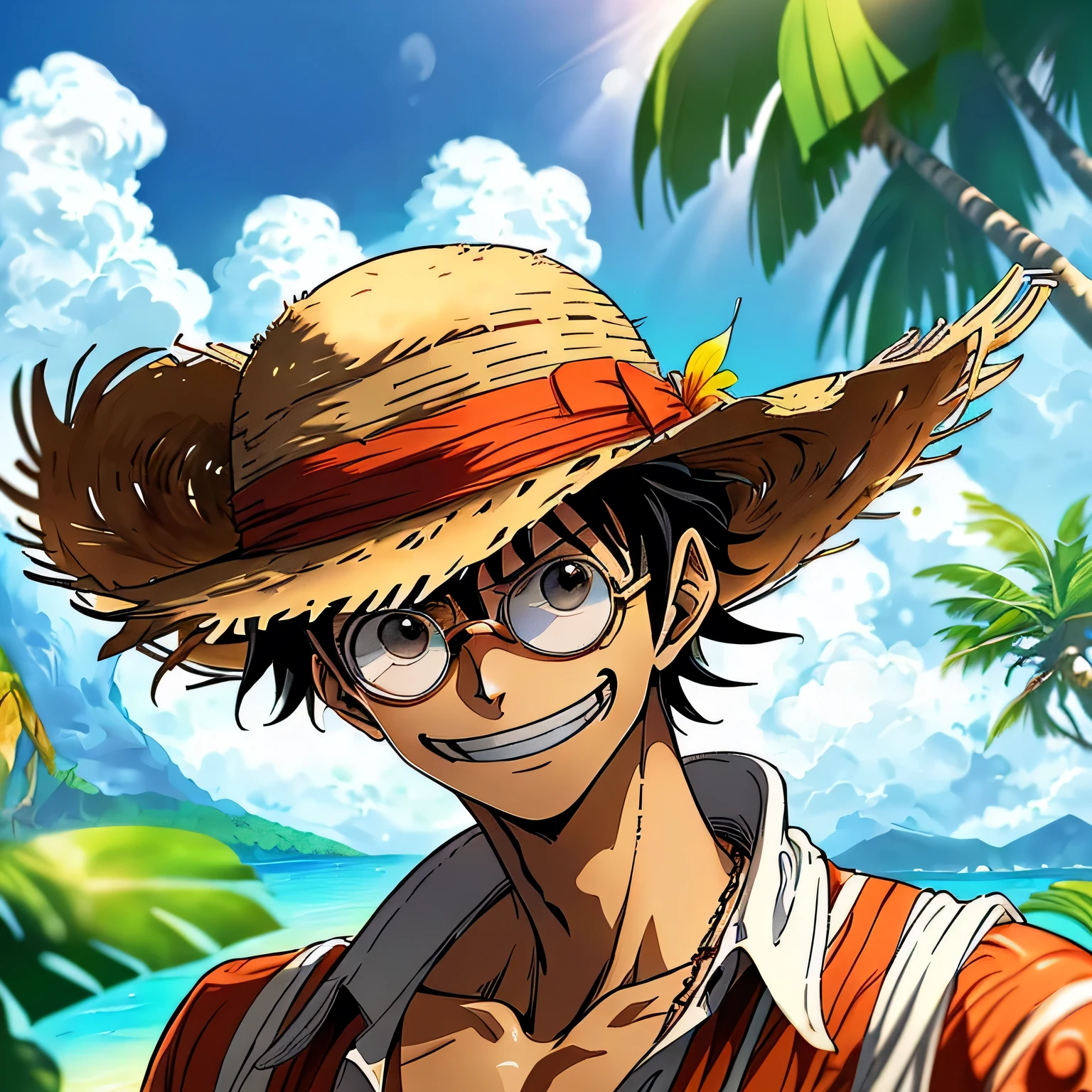 Monkey D. Luffy, ((depicted as a magnificently detailed masterpiece in One Piece style)), ((his expressive face beaming with joy beneath his iconic straw hat and sunglasses)), ((surrounded by the vibrant and idyllic beauty of a tranquil tropical paradise island scene)).