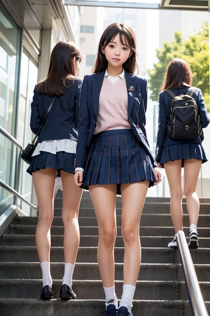 ((highest quality)), ((masterpiece)), (Familiar),  A high school girl riding an escalator on her way to school、Glare、Navy Blazer、mini skirt、Navy blue socks、Back view、Photo secrets、(View from directly below)、Navy blue socksのクローズアップ、mangaコマ割り、mangaスタイル、manga、Station Escalator、Everybody line up on the left、顔のみのコマとBack viewのコマ
