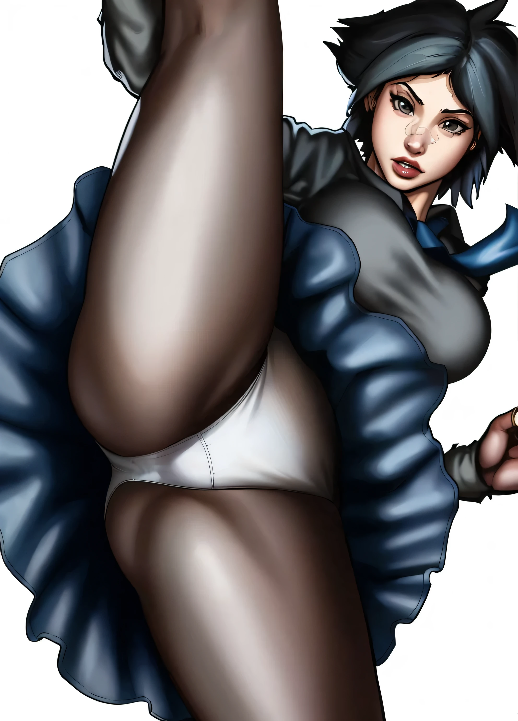 ((masterpiece, best quality)), ((((perfect anatomy)))), ((25 year old)), (((Curvy))), ((Japanese woman with spiky black hair)), in ((black shirt and blue skirt)), ((white cotton panties)), dark stockings, (in the middle of kicking), Red combat gloves, Nose tape, (((comic book art style)))