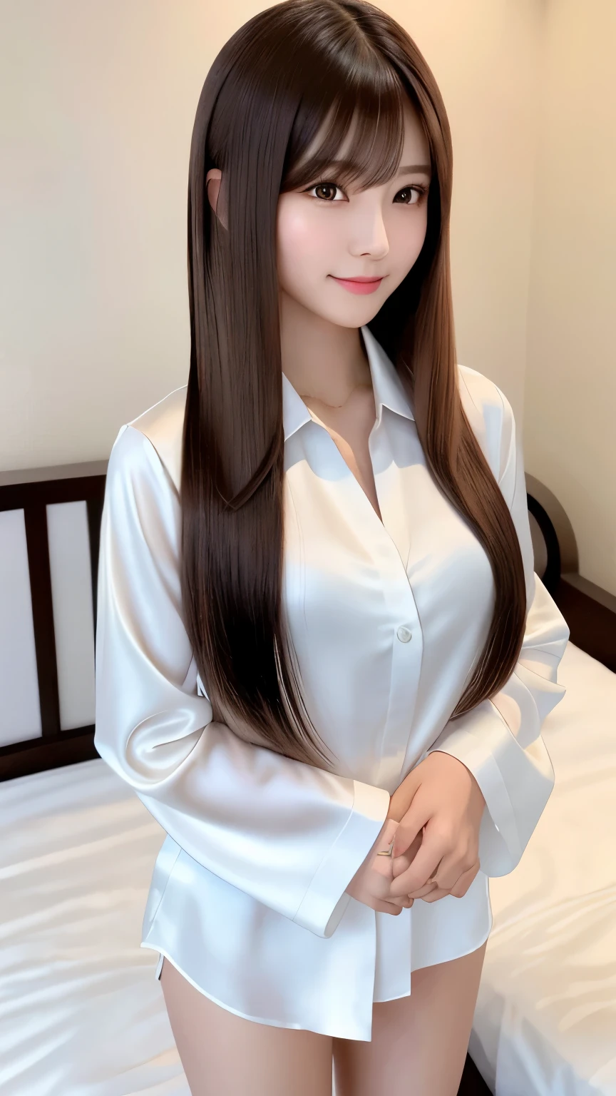 Front view, Young and pretty girl in Japan, night、Standing alone beside the bed in a luxurious room、put on a big smile, Charming person, Wearing a white silk satin shirt with an unbuttoned collar and long sleeves, Shiny satin pink panties, Very cute face, Glossy Lips, Double eyelids on both eyes, Natural Makeup, Long eyelashes, shiny smooth light brown long hair,, Straight hair、Asymmetrical bangs, Center image, High resolution, Attention to detail, Detailed hairstyle, Detailed face, Great cinema lighting, Octane Rendering, Vibrant, Ultra-realistic, Perfect limbs, Perfect Anatomy