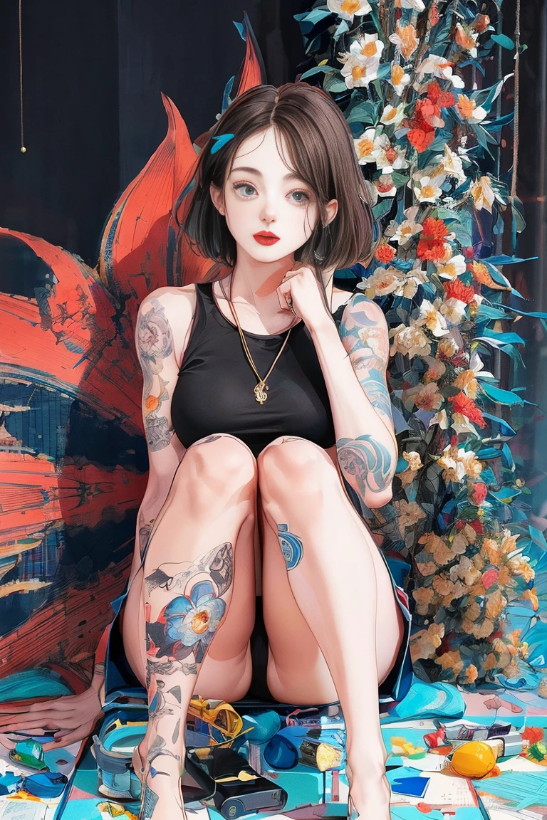 CG K ultrarrealista ,((de primera calidad、8k、32K、Obra maestra、nffsw:1.3)), (superfine illustration)、(super high resolution), (((cuerpo adulto))), (((1 chica en))), ((( bob de pelo corto ))), 25 year old cyberpunk gladiator with perfect body, Hombreras con espinas de metal., Gladiadores in Brooklyn, (( bob de pelo corto )), Camiseta del equipo de rugby rota, Casi desnudo al estilo urbano salvaje de Simon Bisley, pelo rubio corto, ropa minima, Metallic protection on the left arm with complex graphics..., Rojo oscuro con estrellas blancas y rayas azules y blancas., armadura, Lleno de puntas y remaches., Tatuaje de veneno (((Imagen desde la rodilla hacia arriba))), pelo rubio blanco corto, En el fondo、 There is a wall with an intricate design painted by Shepard Fairey...