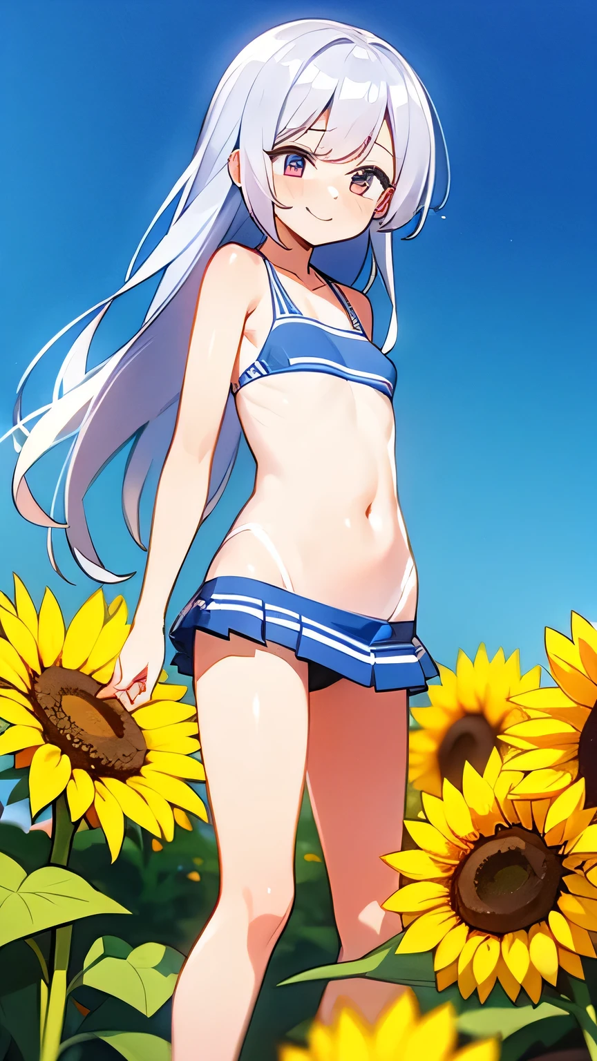 Best image quality,１People Girl,Silver Hair,Long Hair,Shiny Hair,black eye,Shining Eyes,smile,Double teeth,(Sunburn,Bikini Bag),sunflower,stream,Water Play,Wet,Tank top,See-through mini skirt,girl,small,small breasts,Navel Fashion