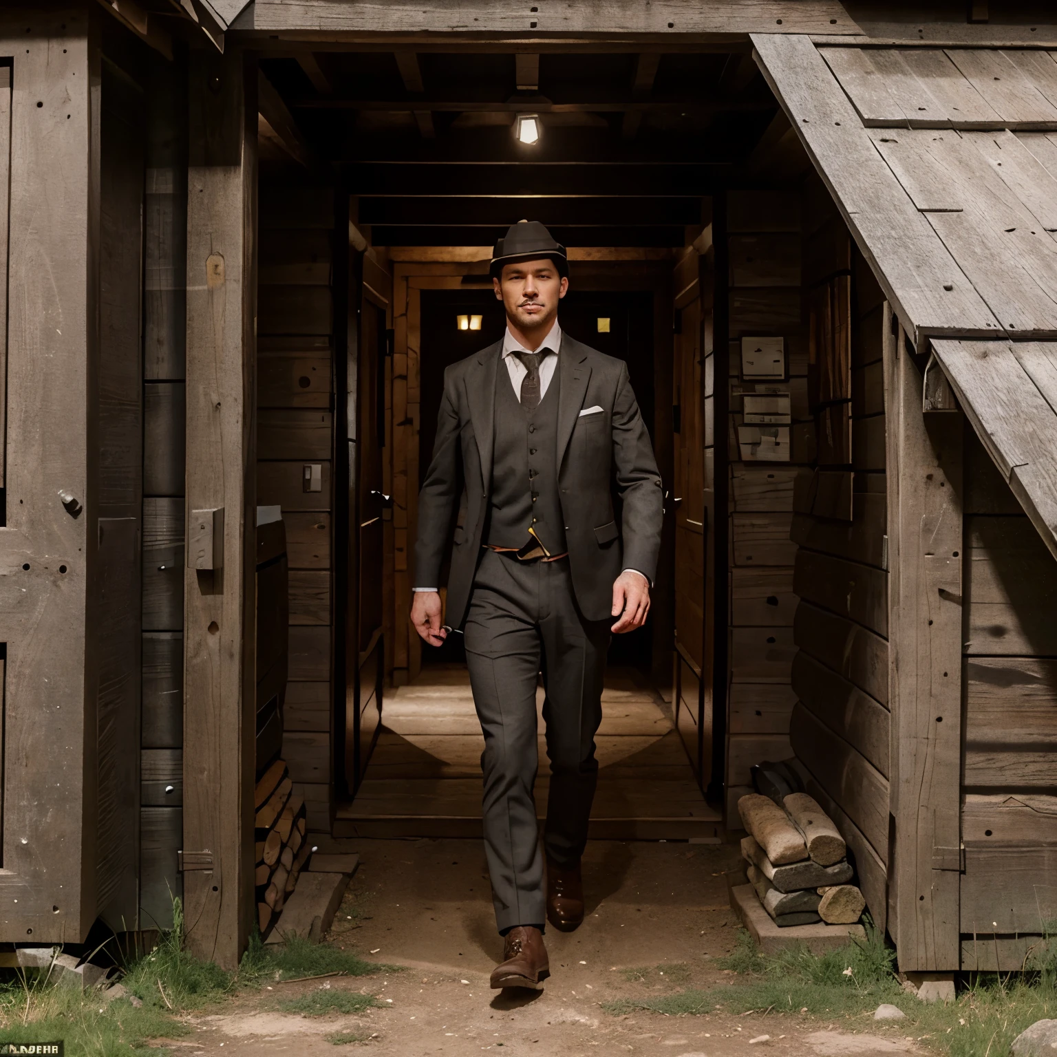 Draw a man dressed and dressed to be prepared to go to a pigeon loft or powder magazine., entering a cabin with a path with grass around it and stones marking the path