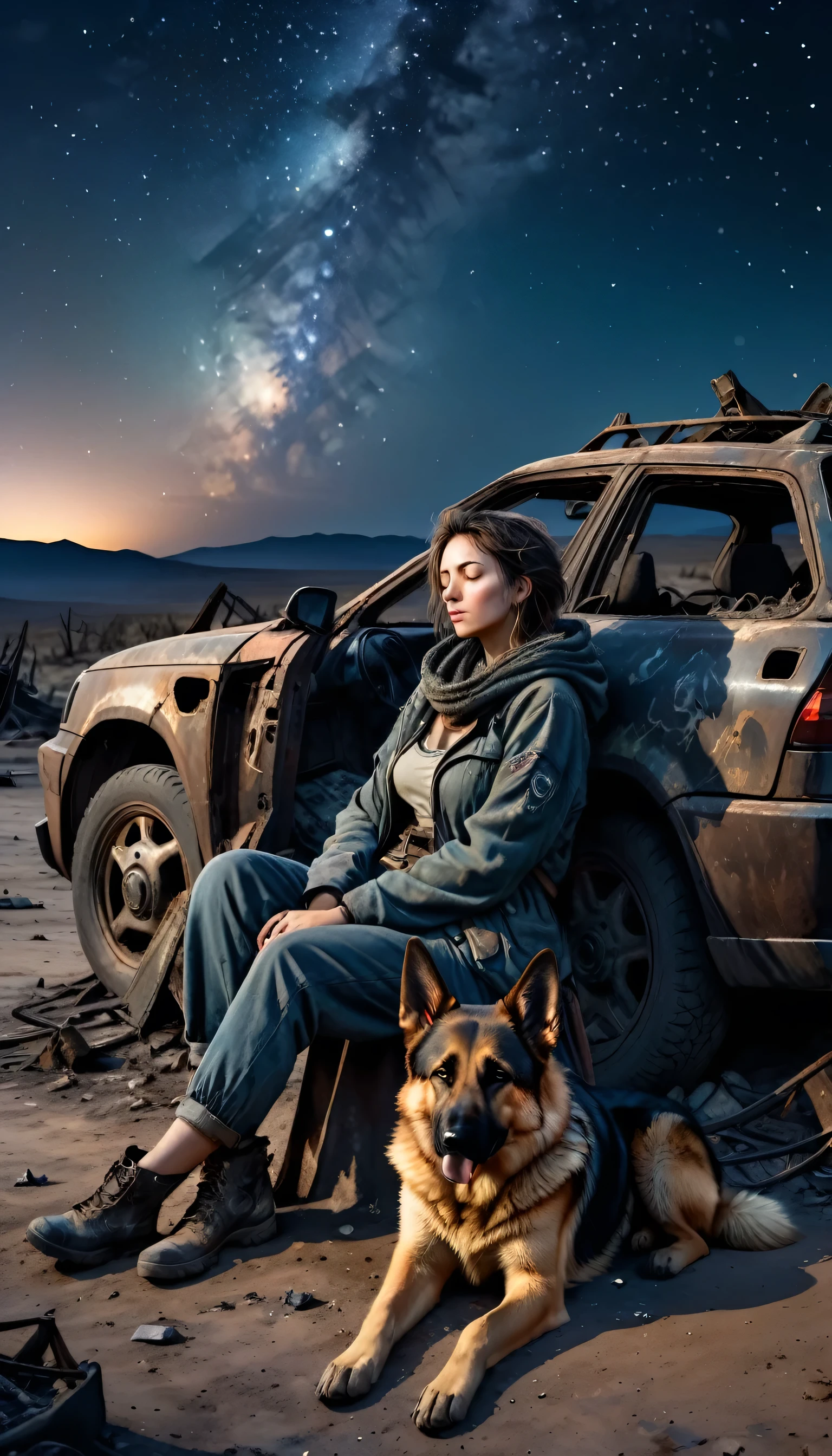 a lonely woman and her German shepherd, post-apocalyptic wasteland, night, the woman is dirty and tired, her clothes are worn out, she is sitting by the fire and watching the stars in the sky, she is leaning against the wreck of a broken part of the car, the dog is sleeping next to her, wilderness, ruins, desert landscape, beautiful night sky,