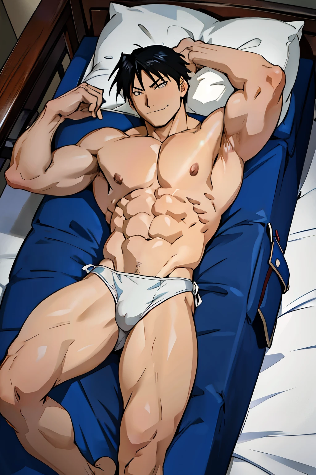 Roy Mustang from Full Metal Alchemist, wearing white swimsuit, without shirt, bodybuilder, smug smile, defined body, shirtless, abs, big legs, lying on the bed, seem from above