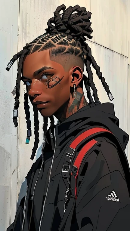 Best quality, (8k, best quality, masterpiece:1.2), ultra-detailed, illustratio,  Afrafed man with dreadlocks and a backpack standing in front of a white wall, black teenage boy, photo in style of tyler mitchell, in style of tyler mitchell, xxxtentacion, taken in the early 2020s, headshot profile picture, riyahd cassiem, brown skinned, profile shot, dark-skinned young adult male