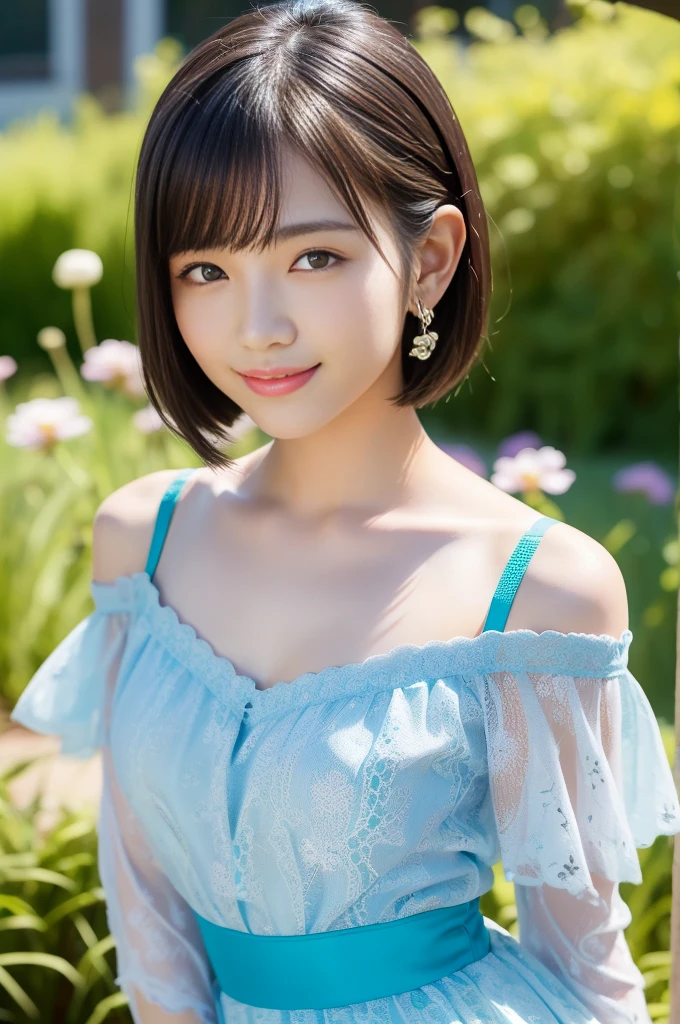 (highest quality:1.5)、(Realistic:1.5)、(1 person:1.5)、(Medium Shot:1.5)、Very detailed、High resolution、8k wallpaper、、Normal milk、Natural color lips、Cute Smile、Japanese women、20-year-old girl、Beautiful and elegant face、Perfect and beautiful face、Large, balanced eyes、Brunette's eyes、Beautiful and elegant face、Beautiful double eyelids、Natural Bangs、Beautiful thin nose、Beautiful Skin、Fair skin、(Medium Bob Hair)、Natural Bangs、Perfect and beautiful face、Slim face and figure、(Looking at the camera with a sweet smile)、Bright lighting、Professional Lighting、Forward lighting、(Micro Mini Skirtの花柄のドレス)、(Wearing a white off-the-shoulder floral dress)、Summer blue sky、Mountain Grass Park、Simple poseicro Mini Skirt、((garter belt))、Knee-high stockings、