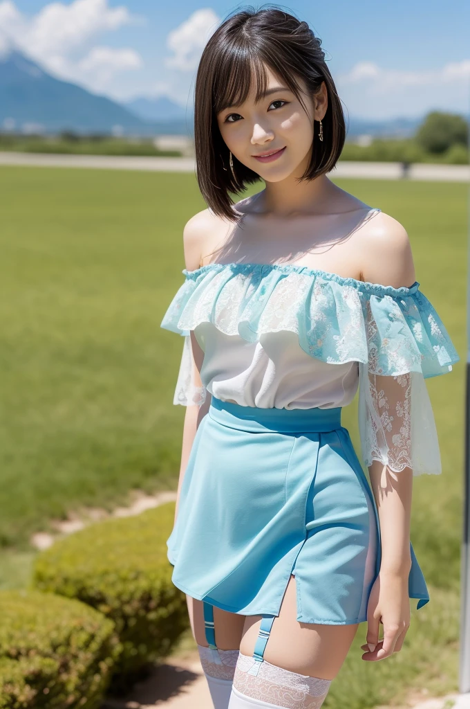 (highest quality:1.5)、(Realistic:1.5)、(1 person:1.5)、(Medium Shot:1.5)、Very detailed、High resolution、8k wallpaper、、Normal milk、Natural color lips、Cute Smile、Japanese women、20-year-old girl、Beautiful and elegant face、Perfect and beautiful face、Large, balanced eyes、Brunette's eyes、Beautiful and elegant face、Beautiful double eyelids、Natural Bangs、Beautiful thin nose、Beautiful Skin、Fair skin、(Medium Bob Hair)、Natural Bangs、Perfect and beautiful face、Slim face and figure、(Looking at the camera with a sweet smile)、Bright lighting、Professional Lighting、Forward lighting、(Micro Mini Skirtの花柄のドレス)、(Wearing a white off-the-shoulder floral dress)、Summer blue sky、Mountain Grass Park、Simple poseicro Mini Skirt、((garter belt))、Knee-high stockings、