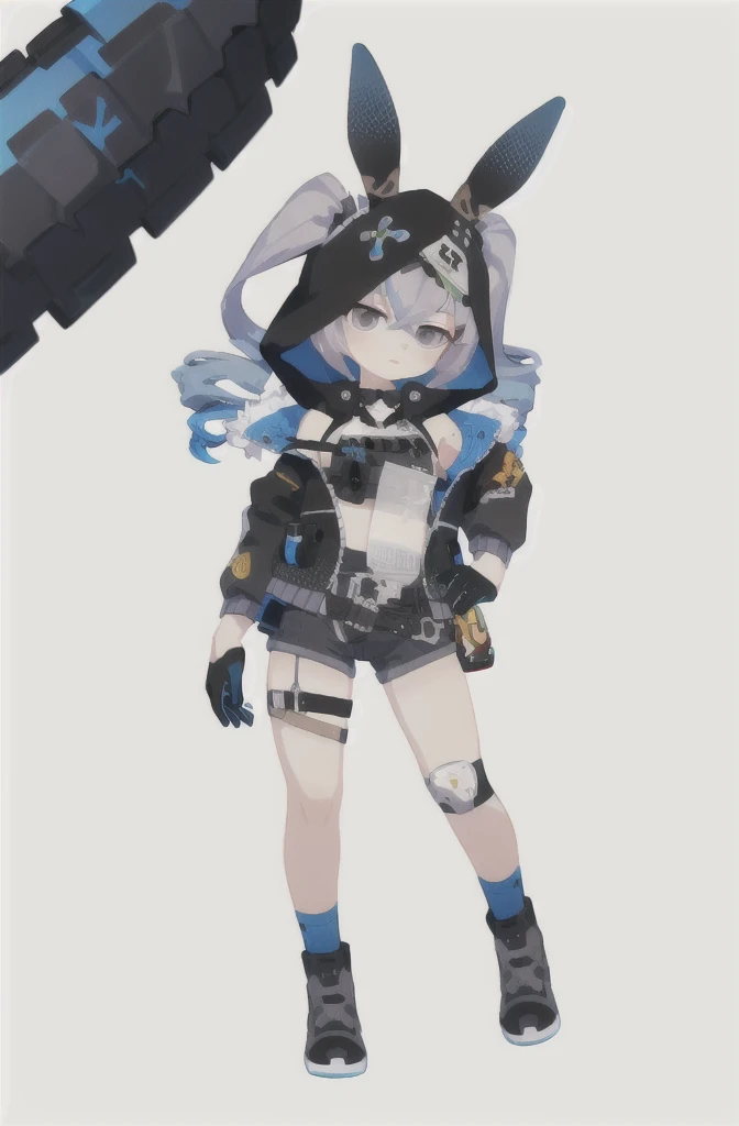 8k, best quality, masterpiece, (ultra-detailed:1.1), (high detailed skin),
(full body:1.3), white background, standing, looking at viewer, (solo:1.4), hand on hip,
haitu, 1girl, bronya zaychik, grey eyes, jacket, blue gloves, gloves, hood, black jacket, grey hair, animal ears, shorts, rabbit ears, drill hair, animal hood,twin drills,
(white background, simple background:1.6),
(beautiful_face), ((intricate_detail)), clear face,
((finely_detailed)), fine_fabric_emphasis,
((glossy)), full_shot,