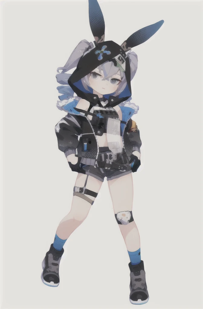 8k, best quality, masterpiece, (ultra-detailed:1.1), (high detailed skin),
(full body:1.3), white background, standing, looking at viewer, (solo:1.4), hand on hip,
haitu, 1girl, bronya zaychik, grey eyes, jacket, blue gloves, gloves, hood, black jacket, grey hair, animal ears, shorts, rabbit ears, drill hair, animal hood,twin drills,
(white background, simple background:1.6),
(beautiful_face), ((intricate_detail)), clear face,
((finely_detailed)), fine_fabric_emphasis,
((glossy)), full_shot,