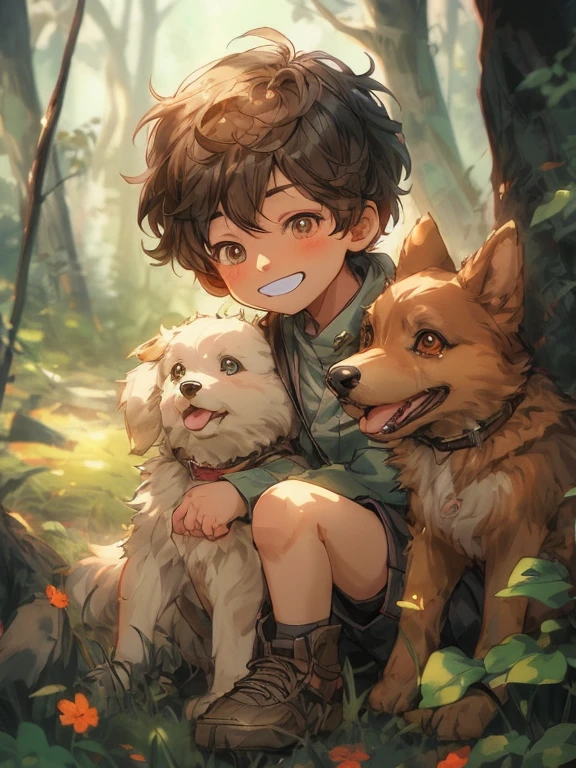 anime boy with two dogs sitting in the woods, artwork in the style of guweiz, kawacy, digital anime illustration, cute detailed artwork, cute detailed digital art, clean detailed anime art, anime illustration, detailed digital anime art, illustrated anime, cute art style, high quality anime artstyle, guweiz, detailed fanart, official fanart, cute anime