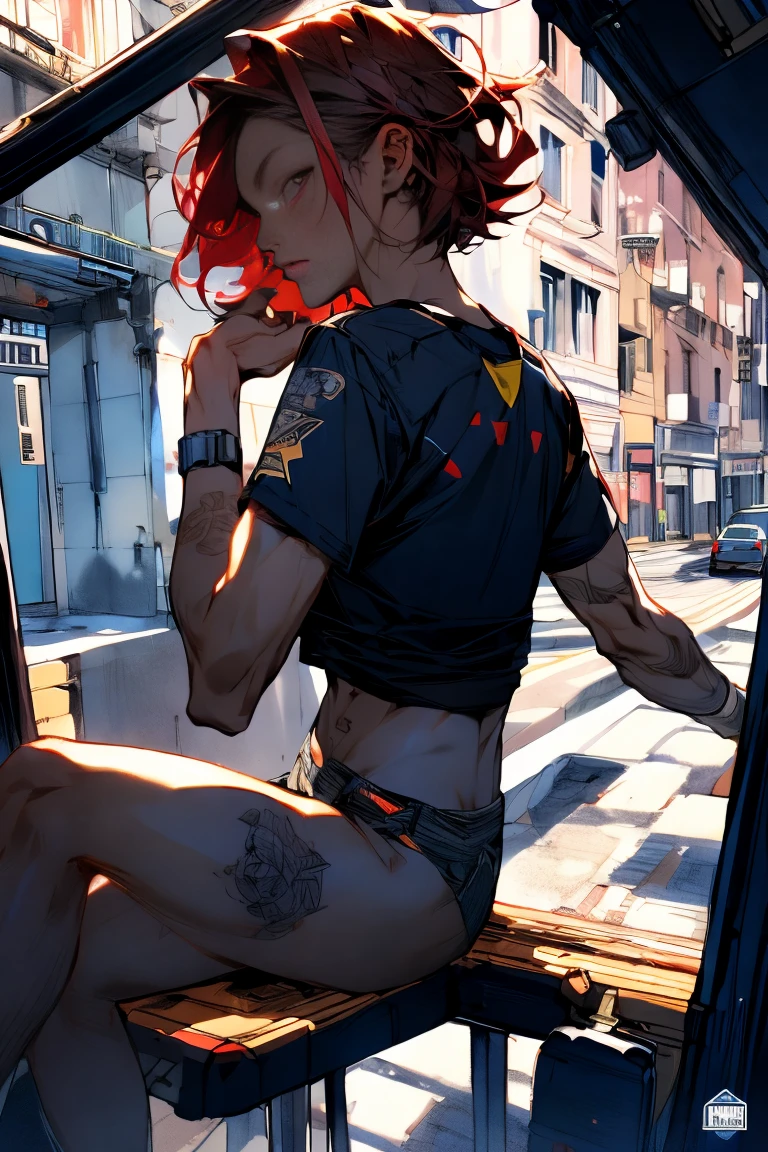 CG K ultrarrealista ,((de primera calidad、8k、32K、Obra maestra、nffsw:1.3)), (superfine illustration)、(super high resolution), (((cuerpo adulto))), (((1 chica en))), ((( bob de pelo corto ))), 25 year old cyberpunk gladiator with perfect body, Hombreras con espinas de metal., Gladiadores in Brooklyn, (( bob de pelo corto )), Camiseta del equipo de rugby rota, Casi desnudo al estilo urbano salvaje de Simon Bisley, pelo rubio corto, ropa minima, Metallic protection on the left arm with complex graphics..., Rojo oscuro con estrellas blancas y rayas azules y blancas., armadura, Lleno de puntas y remaches., Tatuaje de veneno (((Imagen desde la rodilla hacia arriba))), pelo rubio blanco corto, En el fondo、 There is a wall with an intricate design painted by Shepard Fairey...