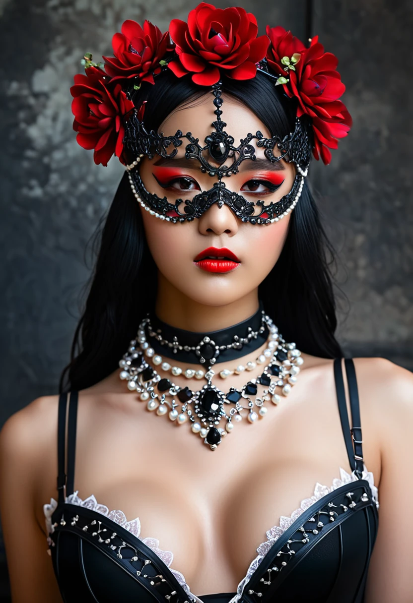 I have black and red shorts with pearls, Ultra-Realistic Fantasy Lingerie, forehead jewelry, Black Iron Tiara, 黒いjewelry, She wears an intricate black choker, black jewelry, Fantasy Blindfold, jewelry, Rococo Onyx Headpiece, jewelry design, an extremely delicat, Tiara with amazing flowers, leather jewelry, Incredibly sharp detail, black choker necklace, Gorgeous necklace