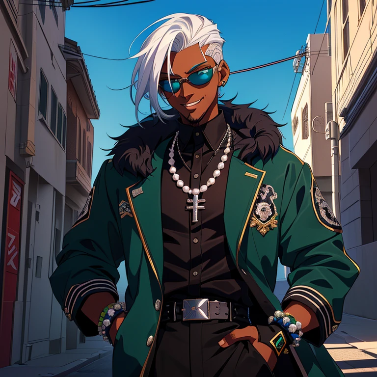 Best quality, (8k, best quality, masterpiece:1.2), ultra-detailed, illustration, dark skin teenager wearing dark green sunglasses, black fur-trimmed coat over a dress shirt, and a beaded necklace. trigger anime artstyle, [[[[grinning evily]]]], portrait of ((mischievous)), , male anime character, young anime man, inspired by Miguel from Tekken, tall anime guy with steel blue eyes, fingerless gloves, surban streets with graffiti on the walls, white hair, faded haircut, slickback hair, official character illustration, will smith anime style, in the style of ross tran, badass anime 8 k, official art