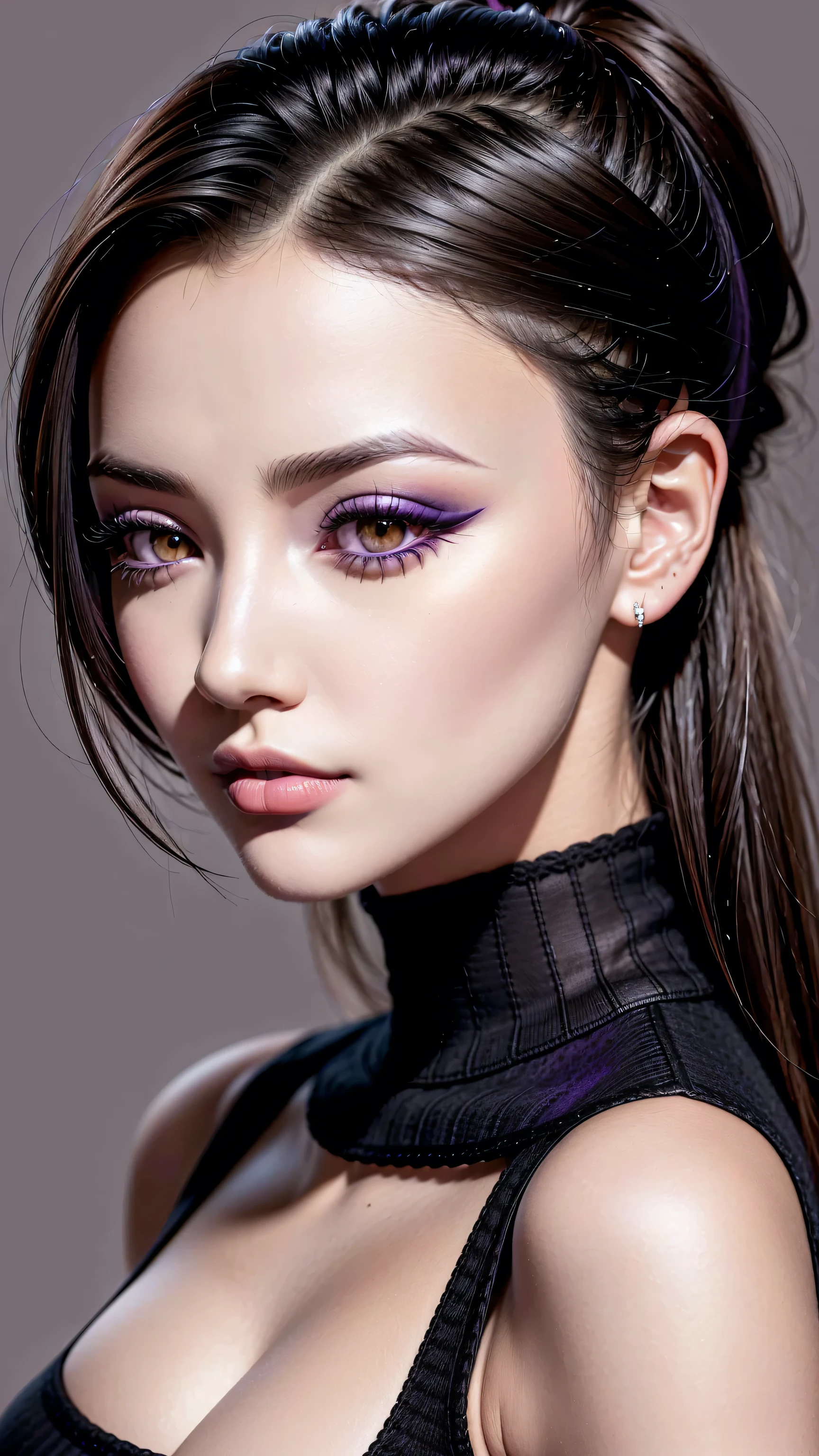 Divide Ratio : 1,1,1 Base Ratio: ((extremely detailed portrait:1.2)), (1girl:1.35, 20-year-old), Realism, highest resolution, (depth of field), (the most absurd quality),(highest quality realistic texture skin),(highest quality realistic texture hair),BREAK,((black hair, (slicked to the side), insanely detailed:1.4)), ((perfect proportions)),((anatomically correct)), ((firm and full breasts:1.25)),(the most absurd quality perfect eyes), (super detail beautiful face), ((light pale complexion)), ((Insanely detail clear and sharp perfect round realistic dark-brown_eyes:1.35)), finely detailed pupils, detailed lips:1.3, (long_blue_eyeliner:1.15), (pink_lipstick:1.3), BREAK, ((perfect purple_eyeshadows:1.35)), (Detailed nose:1.2), (Upper body shot), BREAK, ((wearing a tight black knitted dress:1.35)),((small round head:1.3)), (close up of her face), exquisite balance of shadows,perfect composition, ((look at the viewer)), Hasselblad, 85mm f/4.0