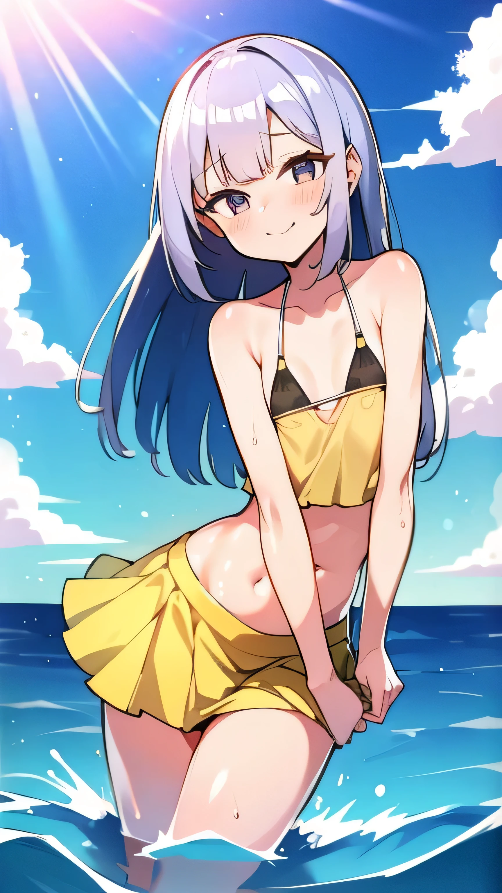 Best image quality,１People Girl,Silver Hair,Long Hair,Shiny Hair,black eye,Shining Eyes,smile,Double teeth,(Sunburn,Bikini Bag),sunflower,stream,Water Play,Wet,Tank top,See-through mini skirt,girl,small,small breasts,Navel Fashion