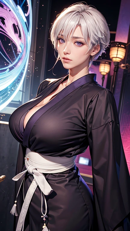 (((完美number,number,Long sleeve, Japanese clothes, kimono, Feather, black kimono, likewise, black likewise,(((Isana Kotetsu, short hair, Weaving, white hair, (Purple Eyes:1.1), (((Big Breasts,Cleavage)))hair Weaving, ))),(((Wide hips))),S型number:1.7))),((masterpiece)),high resolution, ((Best quality at best)),masterpiece,quality,Best quality,((( Exquisite facial features,Looking at the audience,There is light in the eyes,blush,Happy))),(((Interweaving of light and shadow,huge ))),(((Looking at the camera,Fighting Stance,ghost road,glow,From below,look up)))