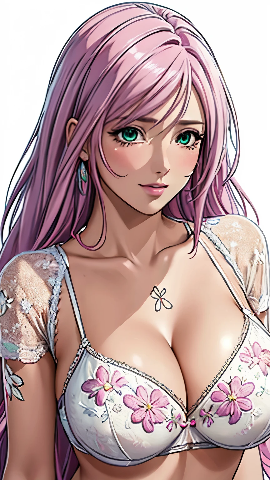 green eyes, (highest quality, masterpiece painting:1.3), immature woman, 16 years old, (half body shot), masterpiece, ultra high resolution, (Photoreal:1.0), ((light pink hair)),straight hair, beautiful shining hair, white and shining skin, ((Ultra realistic details)), octane rendering, highly detailed face, (big breasts:0.8), (make a heart with hands), （(White bra,White pantieeautiful detail shorts with colorful floral embroidery and luxurious embroidery +:1.5)),Salute,(Flower motif lingerie),(Gorgeous:1.2),(Lace,Detailed:1.3),(See-through:1.6), open neckline, cleavage, perfect body, soft skin, White cherry blossom embroidery pattern, silver earrings, (pure white background:1.4), sharp focus, intricate details, professional artwork, (bright colors:1.1), bright colors, diffused lighting, digital blending, ultra-definition body, ultra detail hair, super detailed face, trending on pixiv, top button open, Cute gaze, compensate, perfect lips, perfect compensate, Ultra-precision coating, (light_smile:0.8), 