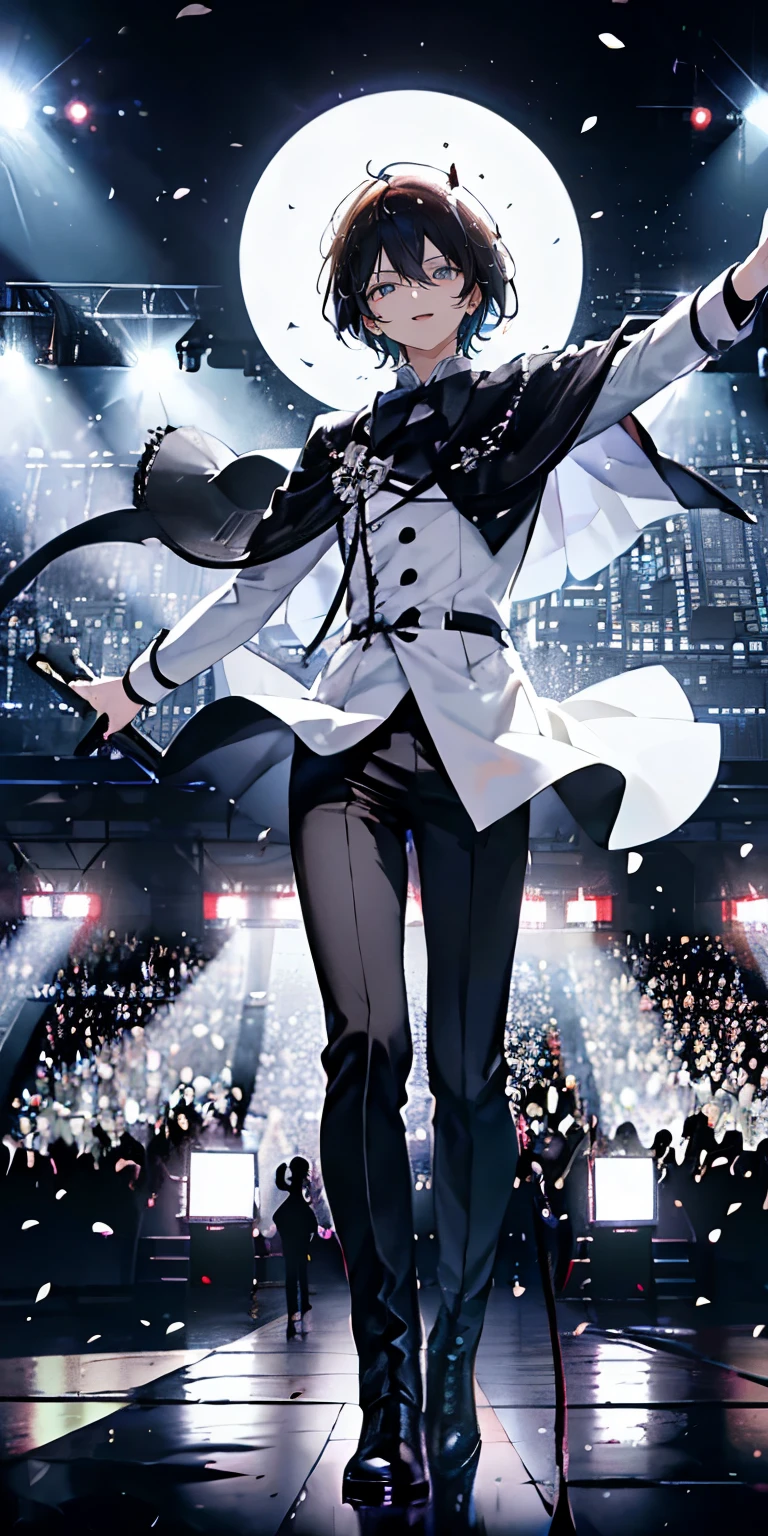 (Mastepiece), (Best Quality), Very detailed, ((1 boy)), Perfect Face, Beautiful Face, Very detailedな顔,((Black and white hair_short hair_Black and white eyes:1.3)),Male solo idol、Gorgeous idol costumes、Cape、boots、(pants:1.2)、(Hold the microphone)、stage、Concert Dome、Lots of confetti、(smile:1.4)、(Open your mouth wide)、sing、dance、Wink、Laser light、Spotlight