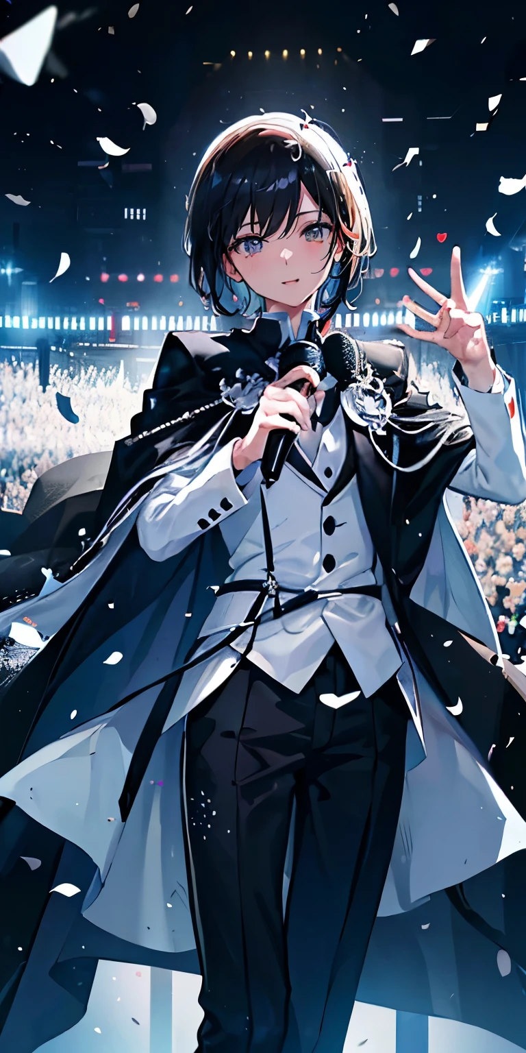 (Mastepiece), (Best Quality), Very detailed, ((1 boy)), Perfect Face, Beautiful Face, Very detailedな顔,((Black and white hair_short hair_Black and white eyes:1.3)),Male solo idol、Gorgeous idol costumes、Cape、boots、(pants:1.2)、(Hold the microphone)、stage、Concert Dome、Lots of confetti、(smile:1.4)、(Open your mouth wide)、sing、dance、Wink、Laser light、Spotlight