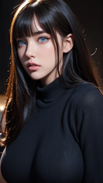 masterpiece, best quality, ultra-detailed, intricately detailed hyperdetailed, realistic, sharp features, highly detailed, sharp focus, perfect face, perfect face, perfect symmetrically perfect eyes, perfect full lips, flexible female form, cinematic, film light, hyper detailed, hyper realistic, high resolution, vibrant, dynamic studio lighting, nsfw, ((Dark background)), Sexy face, Facial expressions when receiving pleasure, straight Bangs, Big breasts, Exposed cleavage, blue Eyes,black sweater, cowboy shot,